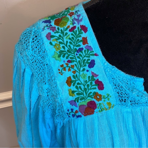 Arte Huaxyacac 100% Cotton Crochet Embroidered Size Lg Balloon Sleeve Blouse - Picture 4 of 11
